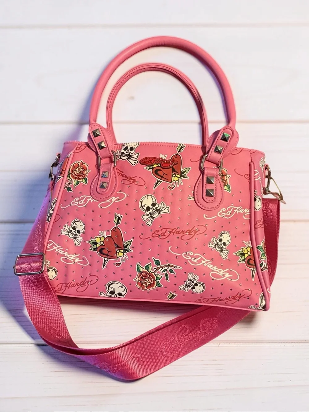 Ed Hardy NWT Pink Tattoo-Print Insulated Lunch Satchel  Detachable Strap (P245)